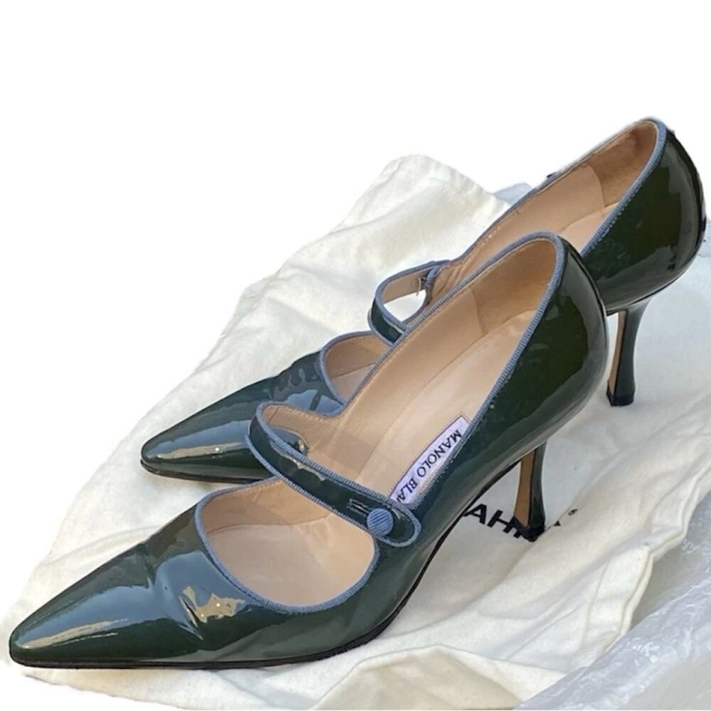 MANOLO BLAHNIK green patent Campari Mary Janes Pumps Heels Shoes Size 36.5 - Picture 5 of 8
